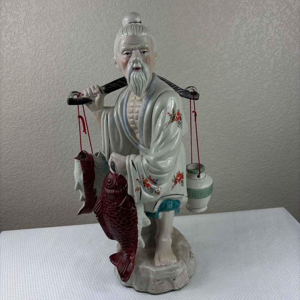 Large 1960s 16" Rare Ceramic Porcelain Old Chinese / Asian Fisherman